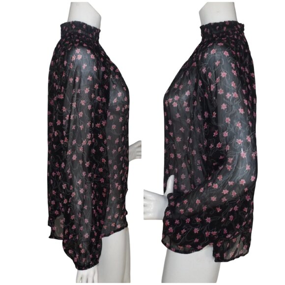ELIZABETH & JAMES Blouse, L, Sheer Black/Pink Floral, Smocked Neck, Long sleeeve - Picture 6 of 12